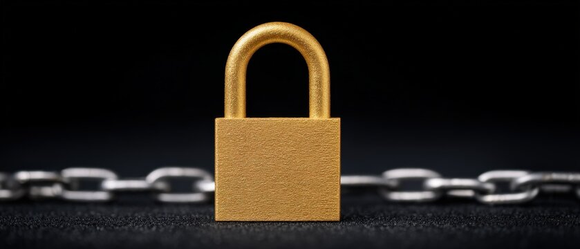 A golden padlock fastened with a silver chain set against a dark backdrop representing the concepts of security safety and protection applicable in multiple areas including finance and data management