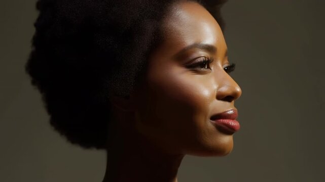 Woman with natural textured hair blinks and holds a soft smile in right-facing profile close-up, warmly lit against a muted dark background with polished makeup and clear facial detail