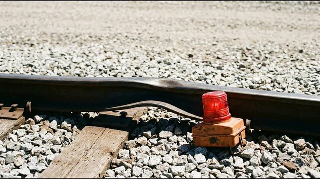 red warning light signaling danger on crushed stone ballast near a severely bent metal railway track under bright sunlight