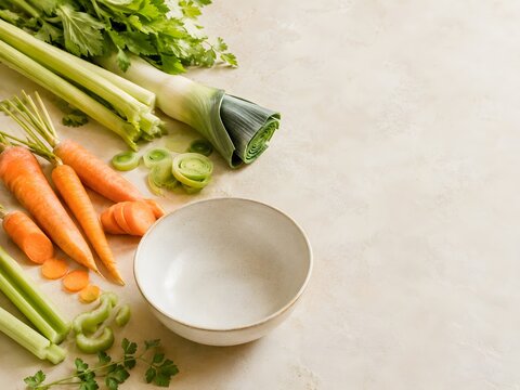 Fresh homemade soup ingredients on a cream kitchen surface