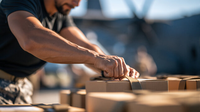 Macro perspective of hands checking cargo straps on wooden supply boxes during daytime airfield operations, military supply distribution and readiness concept with generous backgro