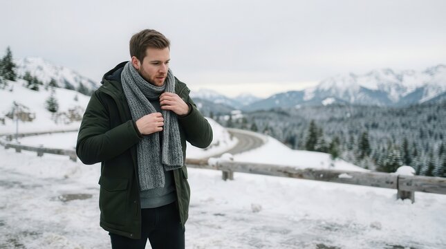 Contemplative man in winter attire standing amidst the serene snow-covered alpine mountains embodying the spirit of cold-weather travel