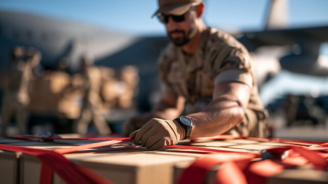 Macro perspective of hands checking cargo straps on wooden supply boxes during daytime airfield operations, military supply distribution and readiness concept with generous backgro