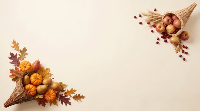Two decorative cornucopias filled with autumn harvest vegetables and fruits for a festive traditional thanks giving celebration background