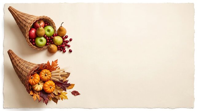Two traditional cornucopia baskets filled with fresh autumn fruits for a festive thanks giving holiday celebration background