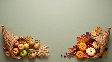 Fototapeta premium Two decorative cornucopia baskets filled with fresh harvest fruits and autumn vegetables for a festive thanks giving celebration