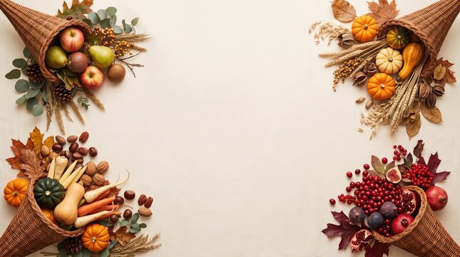 Four decorative cornucopias filled with autumn harvest fruits and vegetables for a festive thanks giving holiday background