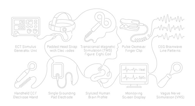Medical Brain Stimulation Devices, Transcranial Magnetic Stimulation, EEG Brainwave Monitoring, and Neurological Research Equipment Vector Set