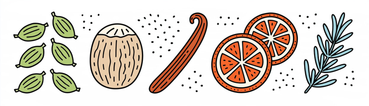 hand-drawn illustration, whole cardamom pods, a nutmeg, a vanilla pod, dried orange slices, a sprig of rosemary, in grid, isolated on a white background