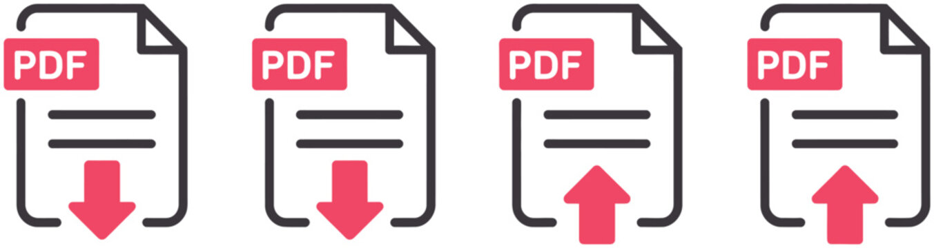 PDF file icons featuring download and upload symbols, document management, digital transfer, file sharing, cloud storage, and electronic paperwork vector designs