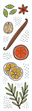 hand-drawn illustration, whole cardamom pods, a nutmeg, a vanilla pod, dried orange slices, a sprig of rosemary, in grid, isolated on a white background