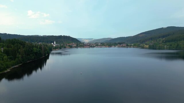 aerial view of Titisee Neustadt Lake in Germany in the mountains of the Black Forest on a summer day