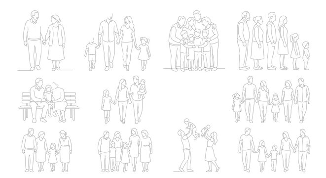 Minimalist Family Line Art Collection, Diverse Generations & Groupings, Simple Human Figures for Lifestyle Graphics
