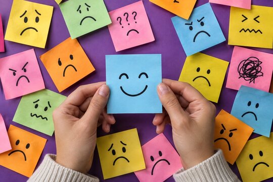 Hands holding happy note among colorful emotion faces