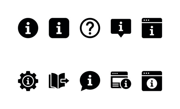 Information Button Interface Series, solid glyph icon set featuring information circle, square info button, help symbol, tooltip card, browser button, settings help, guide icon, support bubble,