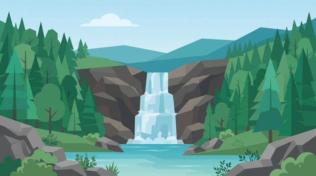 Peaceful waterfall flowing through a lush green forest surrounded by rocks, trees, hills, and natural vegetation in a simple flat vector style.