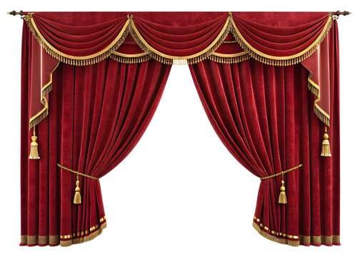 Elegant red velvet theater curtains with gold tassels and fringe trim for a stage or window decor isolated on transparent background