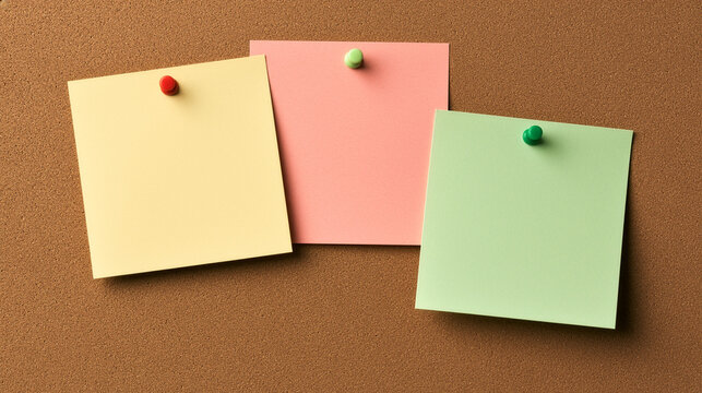 Plain yellow sticky notes with pushpins in various colors on corkboard