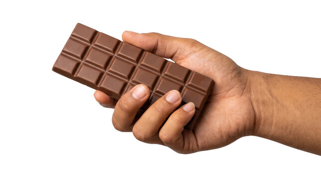 Milk chocolate bar with smooth square segments grasped tightly in one hand as an isolated transparent background PNG for commercial design use