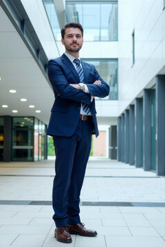 Portrait of young adult Caucasian businessman standing with arms crossed in modern office building hallway. Image represents leadership and is suitable for corporate marketing, vertical