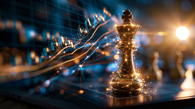 Silhouette of a chess king piece against dark background of glowing financial stock market charts, concept of geopolitical tension and economic market volatility, with copy space