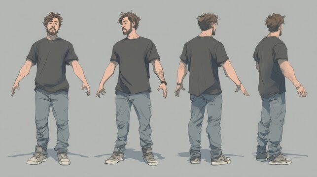 Full body character turnaround of a young man in a t-shirt and jeans