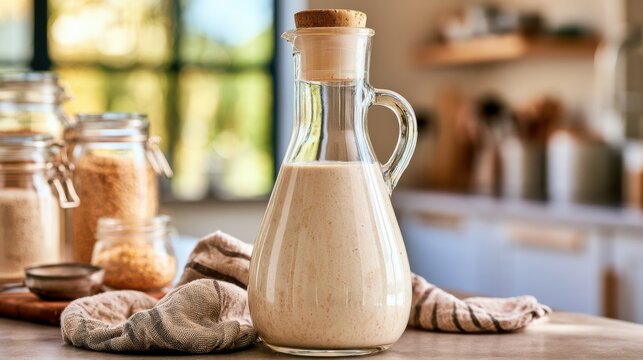 A yeast starter fermenting in a flask with an airlock surrounded by brewing ingredients, illustrating homebrewing and fermentation processes.