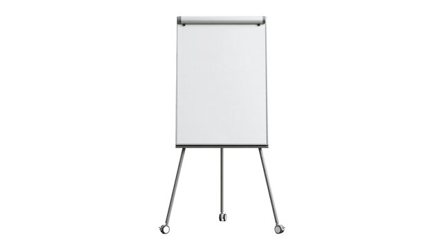 Empty white flipchart board on a metal tripod stand with wheels