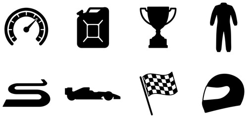 Fototapeta premium Racing Icons Set: Speedometer, Fuel Can, Trophy, Suit, Track, Race Car, Checkered Flag, Helmet. Vector Graphics for Motorsport and Competition.
