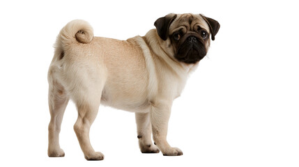 Obraz premium Fawn colored pug dog standing and looking back with a curled tail