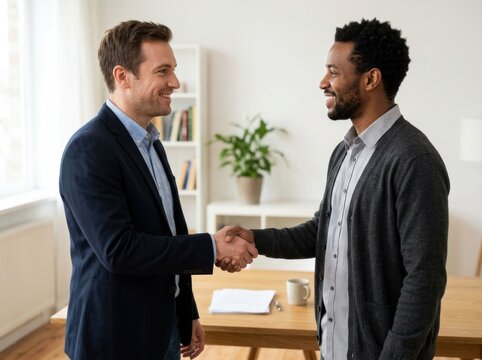 A Caucasian candidate and an African American manager practice a professional handshake during a job interview in a bright modern corporate office.