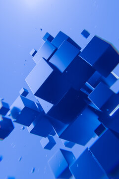 Blue 3d floating cubes in abstract render background