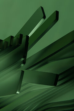 Abstract 3d green shiny metallic bars and rectangles background render