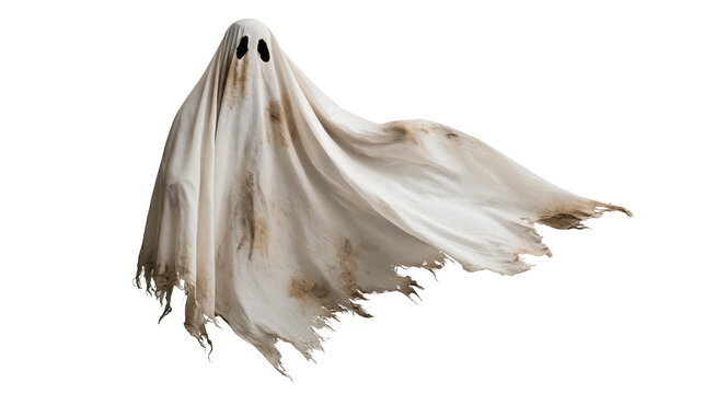 Dirty white bedsheet ghost costume with tattered edges and dark stains