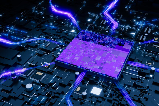 Microchip on digital circuit board with glowing data streams