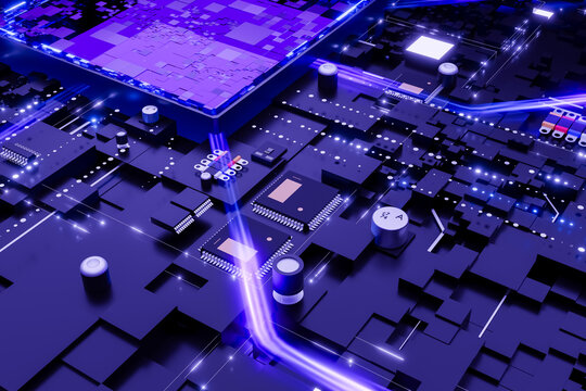 Circuit board with microchips and blue light