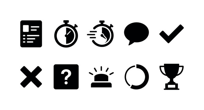 Timed Quiz Controls, solid glyph icon set featuring quiz card, stopwatch, fast timer, speech bubble, checkmark, cross mark, question tile, buzzer, progress ring and trophy, covering timed quiz, quick