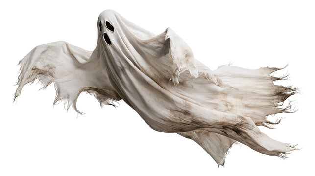 Floating white ghost figure with tattered fabric and dark hollow eye sockets