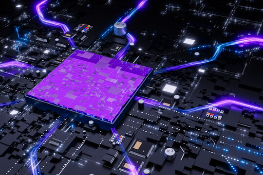 Microchip with glowing purple light trails on electronic circuit board