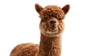 Fluffy brown alpaca head portrait with curly wool and expressive dark eyes © Cressida