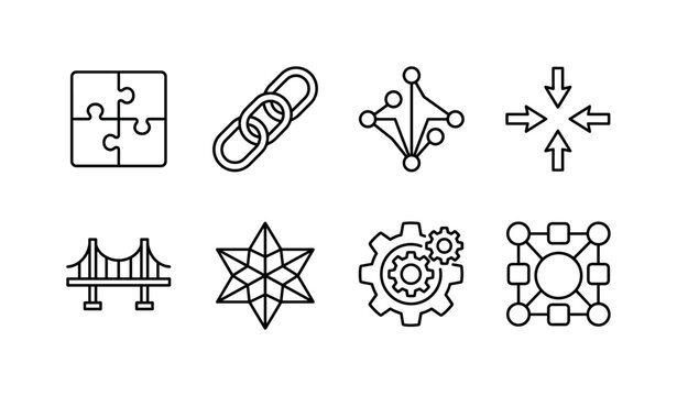 Synergy Connection Puzzle, line icon set featuring interlocking puzzle pieces, linked rings, connection nodes, shared arrows, network bridge, synergy star, integration gear and collaboration diagram,