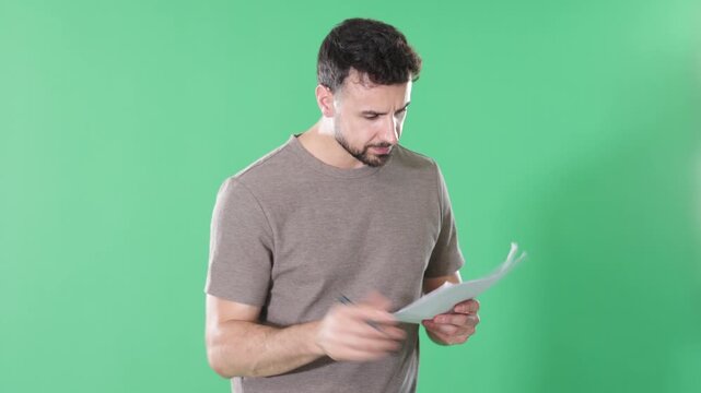 Adult man stands against green screen, holding paper documents and writing notes or filling forms with pen in hand 