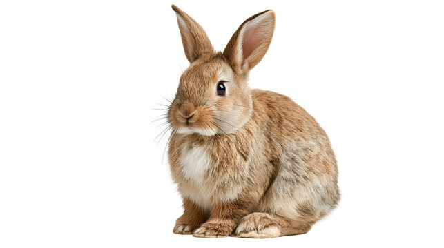 Brown fluffy rabbit sitting upright with alert ears and whiskers