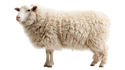 Fluffy white adult sheep standing in profile view with thick curly wool coat © Cressida