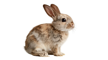 Small fluffy brown and white baby rabbit sitting in profile © Cressida