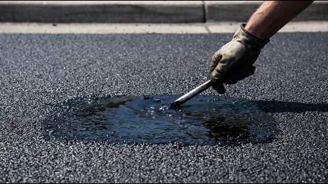 Metal probe pressing a glossy melted asphalt patch onto a rough asphalt road surface