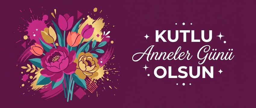 Turkish Mothers Day Floral Banner with Kutlu Anneler Gunu Olsun typography text, vibrant colorful tulip bouquet illustration, gold paint splash graphic header banner template vector background.