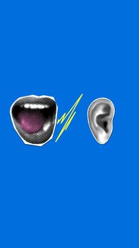 Gossip concept. Halftone screaming mouth, ear, audio sound waves. Ear hears scream. Announcement and advertising. Influence of criticism on person. Scandalous news. Collage animation. Vertical video