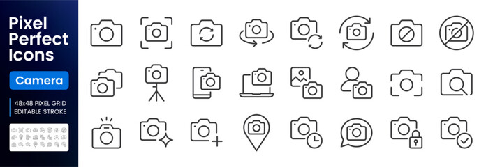Fototapeta na wymiar Camera line icon set. Photography autofocus, rotate, sync, tripod, webcam, photo search, flash timer, location minimal vector illustration. Simple outline signs. 48x48 Pixel Perfect. Editable Stroke