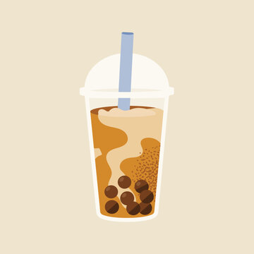 Swirled Brown Sugar Boba Milk Tea Cup with Dome Lid and Straw on Beige Background, Tan Cream Brown Palette, Flat Vector Illustration